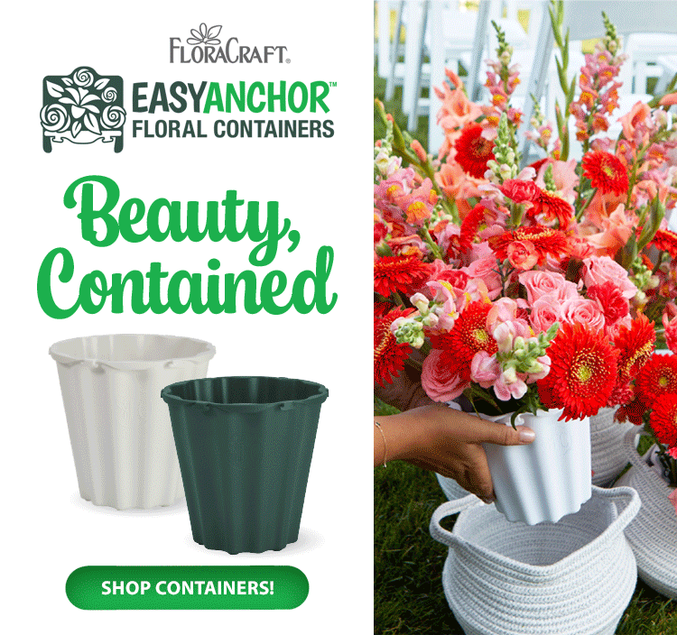 Rotating image of floral and flowers being inserted into plastic floral containers