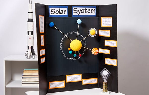 Solar system made with painted foam balls on black poster board