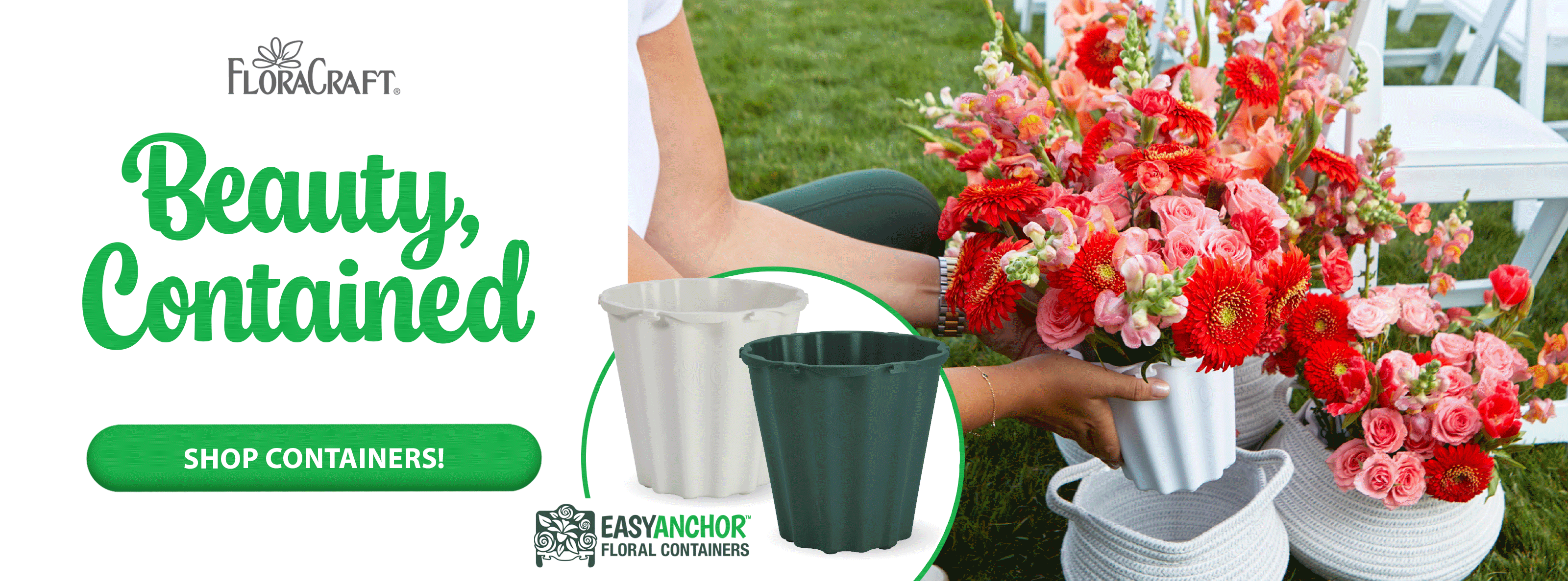 Rotating image of floral and flowers being inserted into plastic floral containers