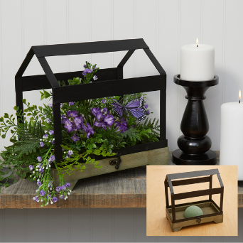 Purple and Green Floral Arrangment in Terrarium with Dry Craft Foam