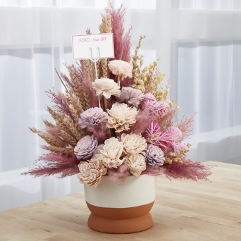 Pink and Tan Dried Florals in Pot with Dry Floral Foam
