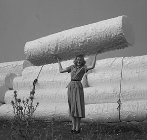 A women holding foam log above her head from DOW plant location 