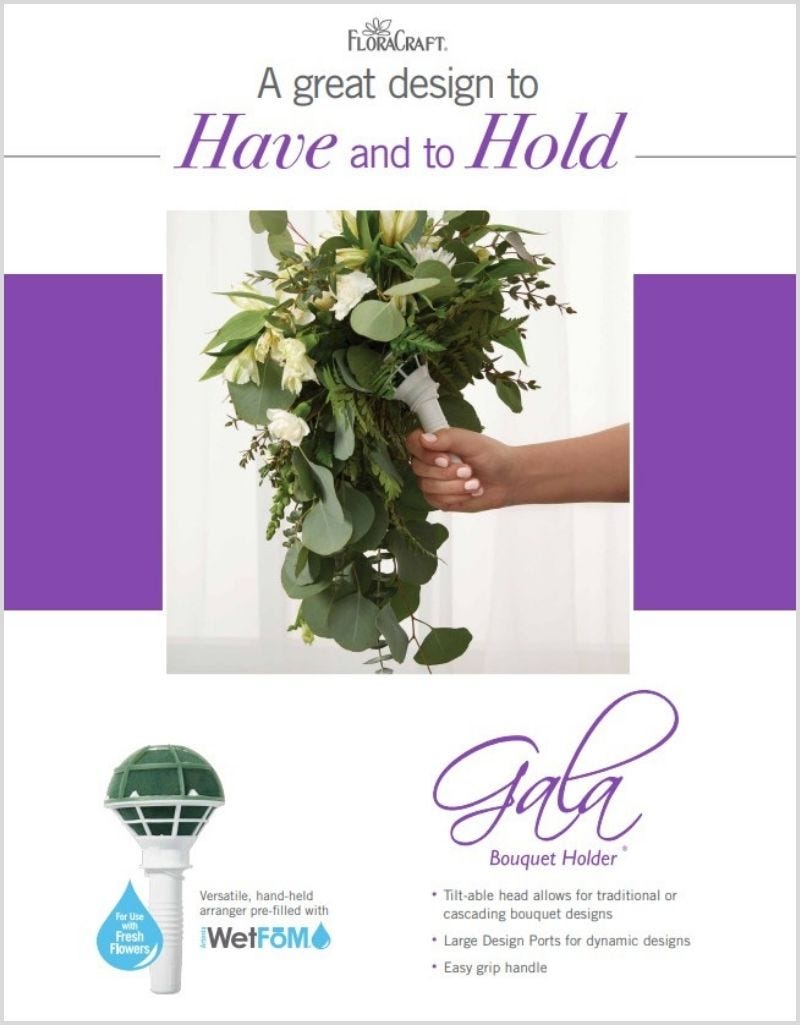 Hand holding a bouquet made with a Gala Bouquet Holder with white flowers and greenery