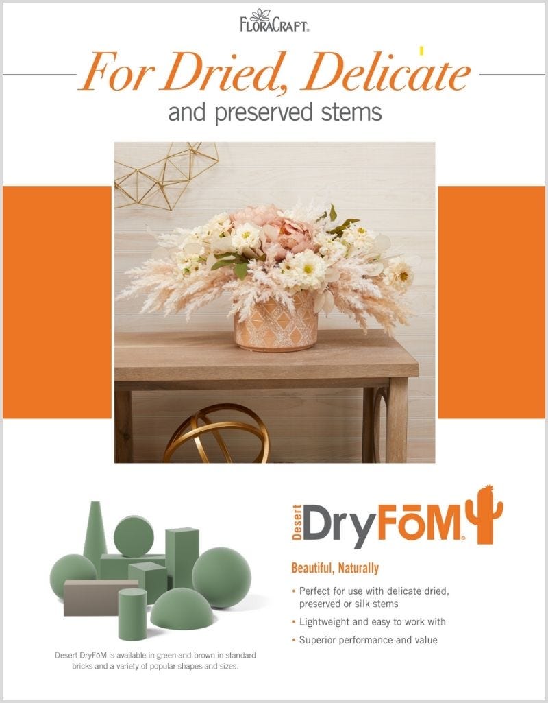Desert DryFōM® floral bouquet with dried flowers displayed on table, plus dry foam shapes