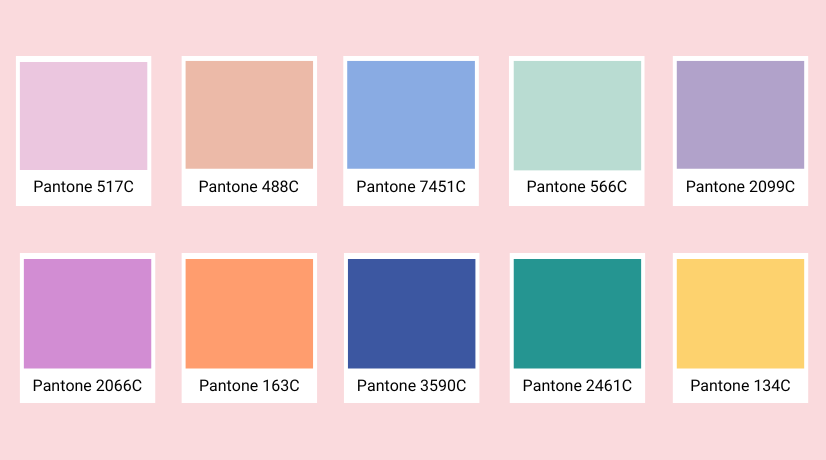 Ten color swatches and their corresponding Pantone color numbers as Mother's Day design color inspiration