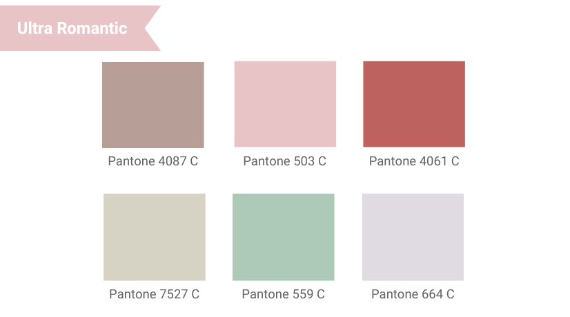 Six color swatches and their corresponding Pantone color numbers as ultra romantic Wedding design color inspiration